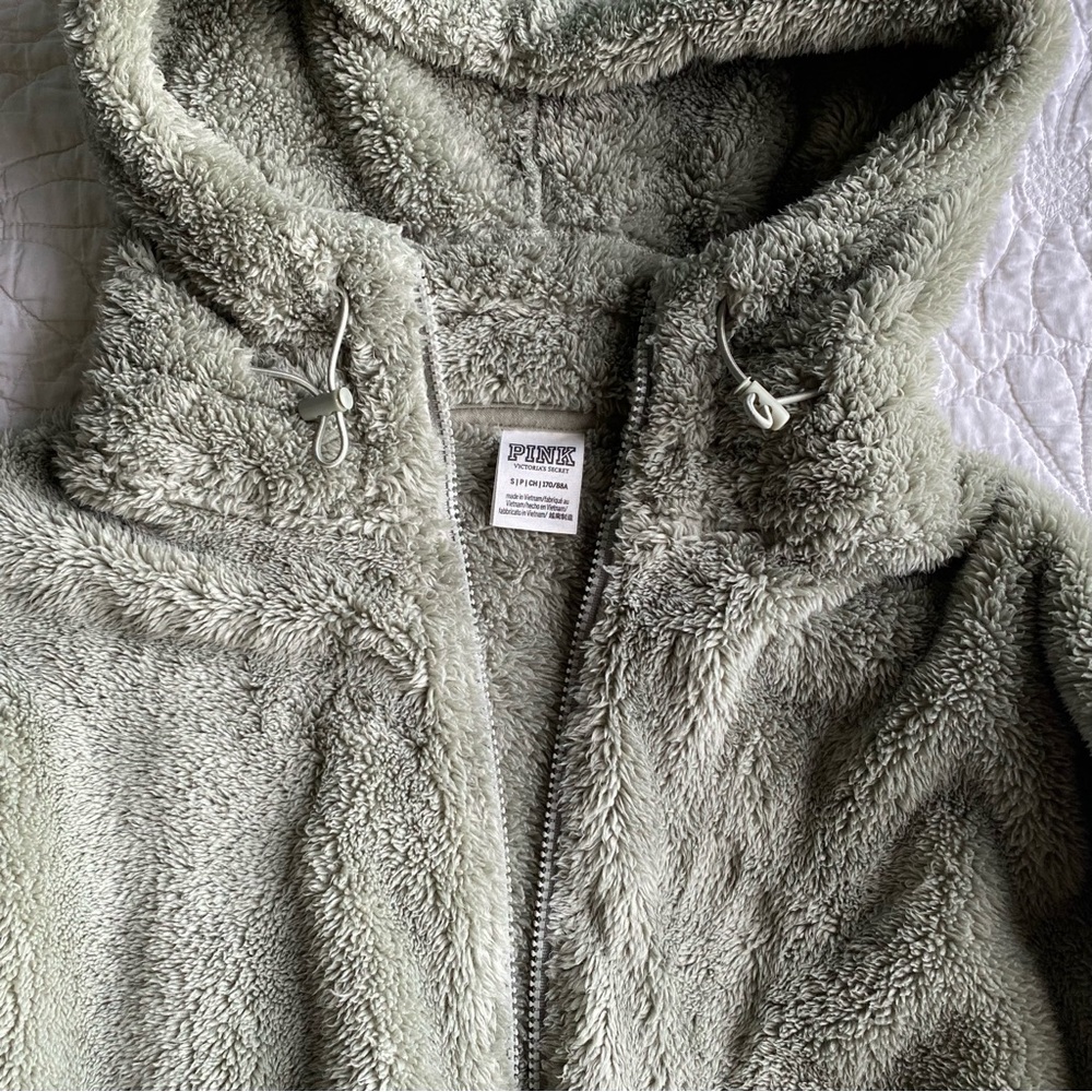 Victoria's Secret PINK Cropped Green Fuzzy Zip-Up Hoodie
